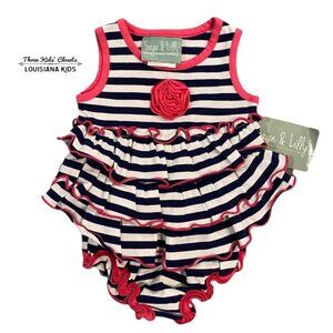 NEW Sage & Lilly 9m Striped Ruffle Top & Bloomers Set